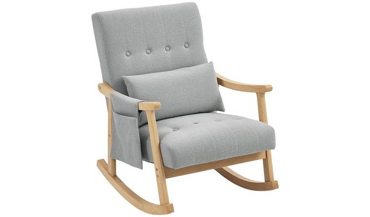 HOMCOM Upholstered Rocking Chair with Lumbar Pillow and Pocket - Light Grey