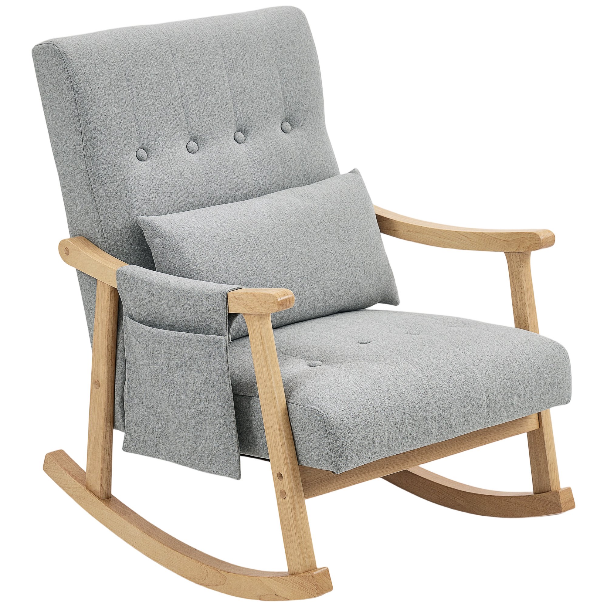HOMCOM Upholstered Rocking Chair with Lumbar Pillow and Pocket - Light Grey - Image 2