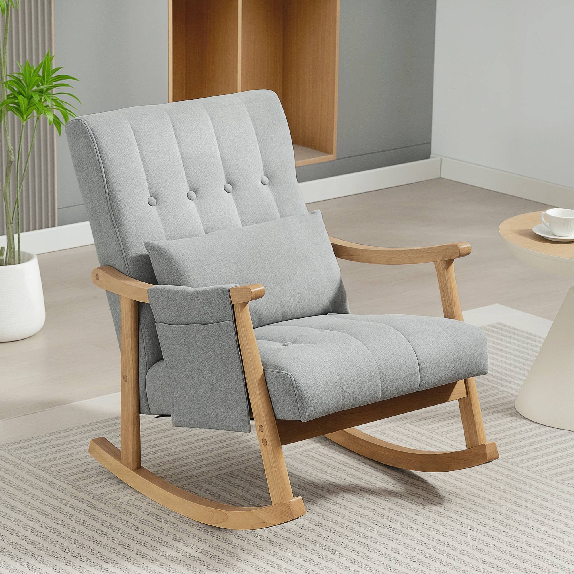 HOMCOM Upholstered Rocking Chair with Lumbar Pillow and Pocket - Light Grey - Image 3