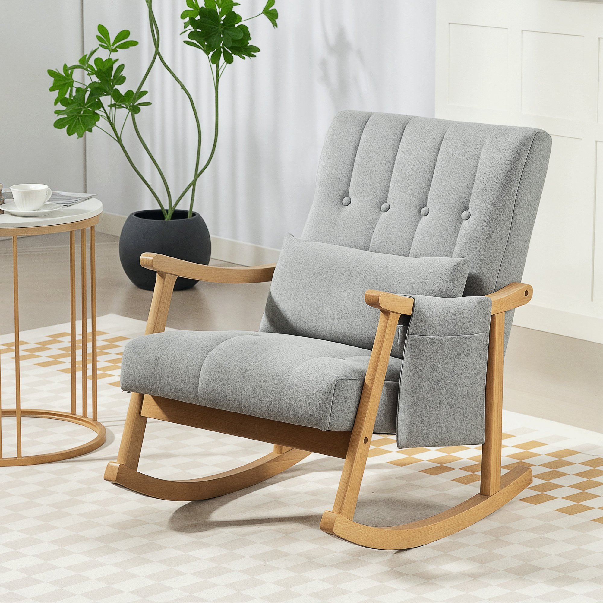 HOMCOM Upholstered Rocking Chair with Lumbar Pillow and Pocket - Light Grey - Image 4
