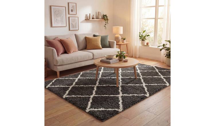 The Rugs Dark Grey Moroccan Shaggy Lattice Rug - 60 x 110cm
