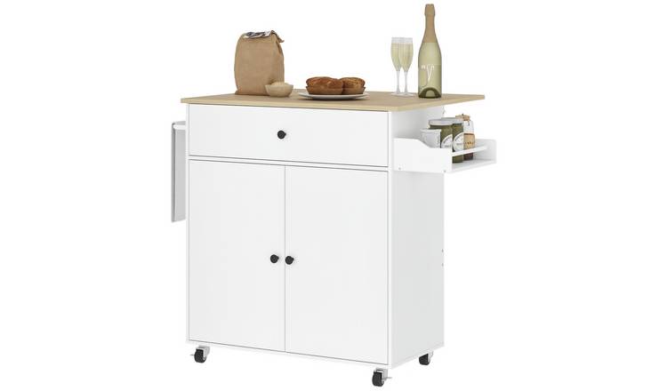 HOMCOM Rolling Drop Leaf Kitchen Island with Adjustable Shelf - White