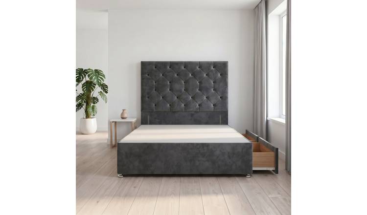 Somnior Diamante Velvet 4FT6 Double 2 Drawer Divan Bed Base - Charcoal