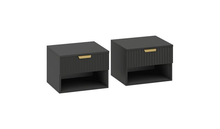 HOMCOM Set of 2 Floating Nightstands with Fluted Drawer and Open Shelf - Black