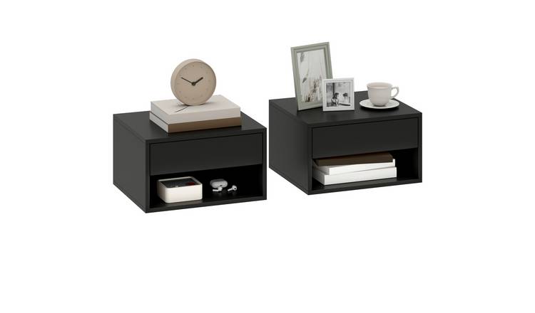 HOMCOM Set of 2 Floating Bedside Table with Drawer and Shelf - Black