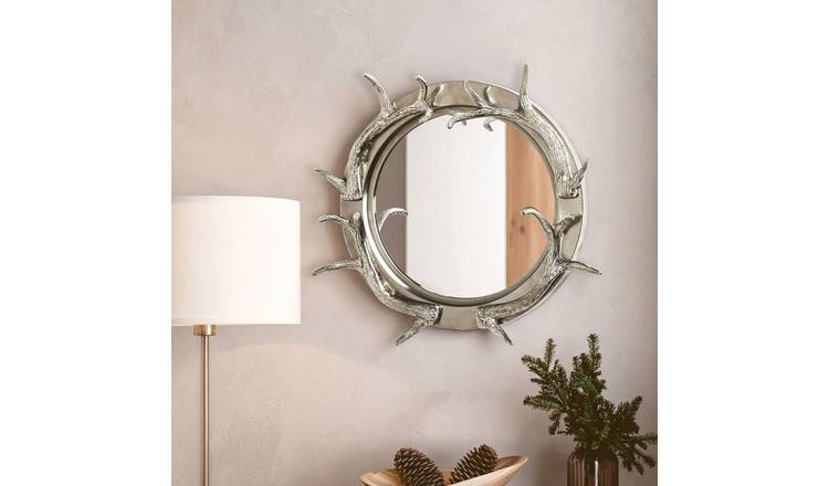 Orsina Antler Nickel Finish Round Wall Mirror – Silver