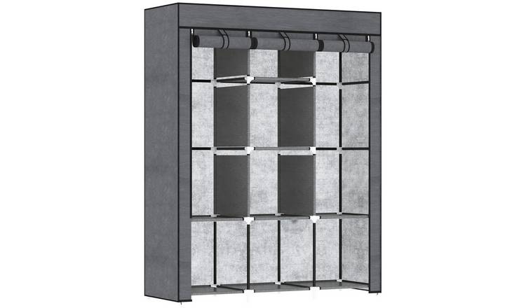 HOMCOM Fabric Wardrobe with 8 Shelves and 2 Hanging Rails - Dark Grey