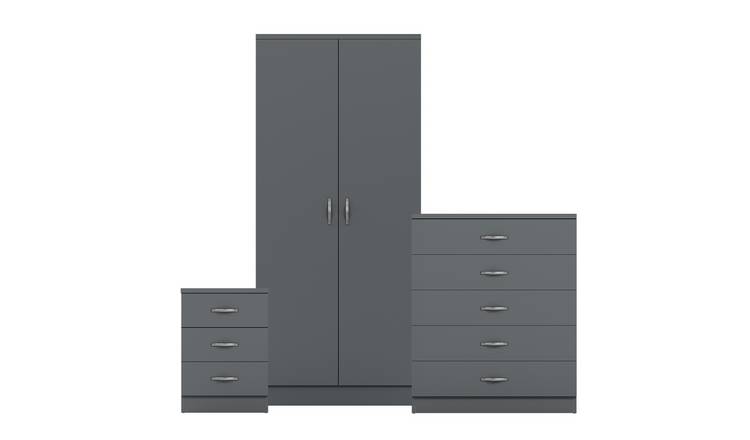 Vida Designs Riano Bedroom Set (Bedside, 5 Drawer Chest, 2 Door Wardrobe) - Grey