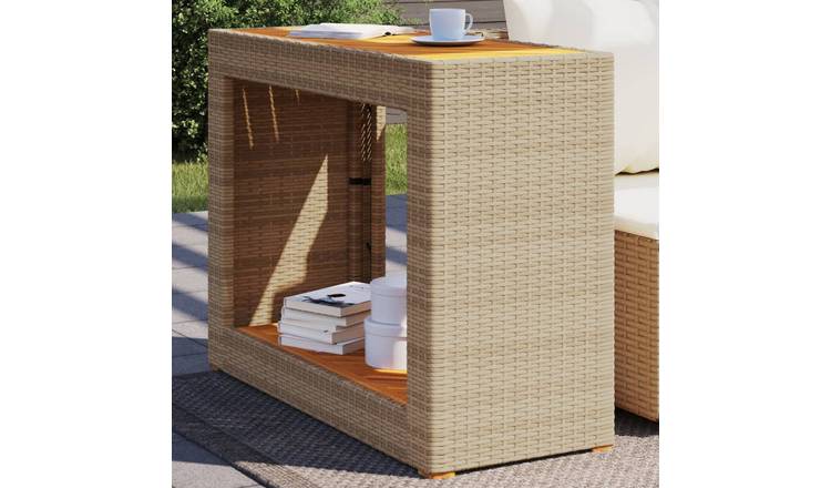 Walplus Poly Rattan Garden Side Table with Wooden Top - Beige - 100 x 40 x 75 cm
