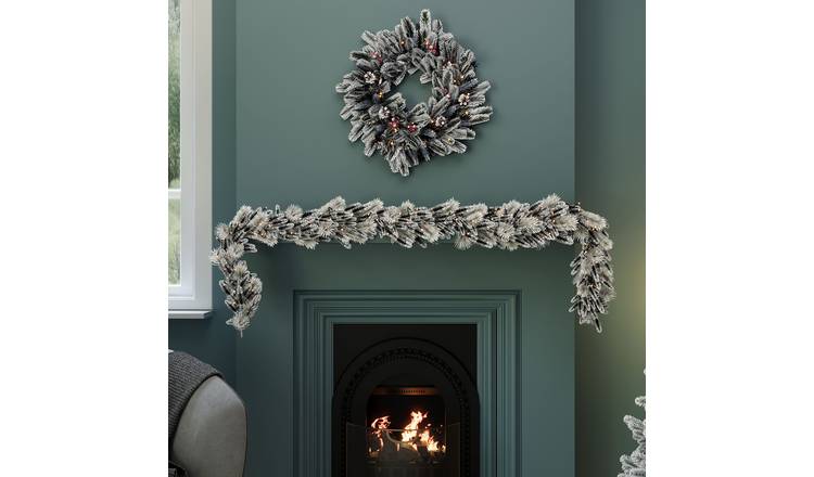 Charles Bentley Pre-Lit Snowy Red Berry and Pinecone Garland