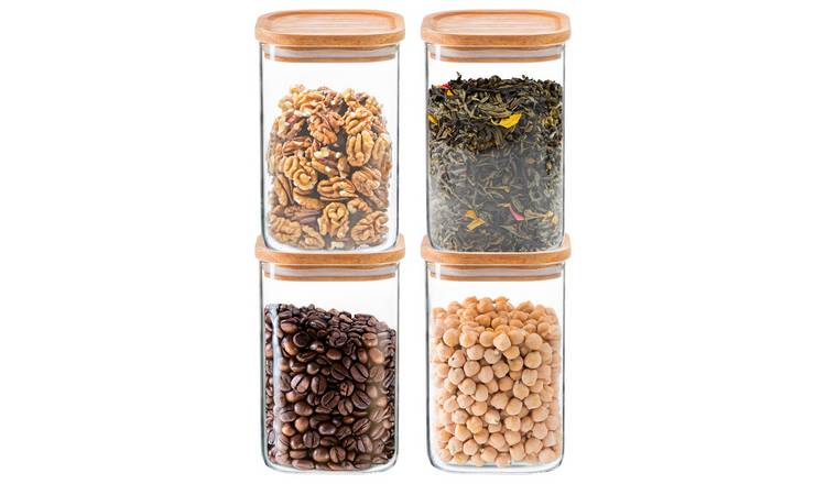Argon Tableware Square Glass Storage Jars with Wooden Lids - Pack of 4 - 1100ml