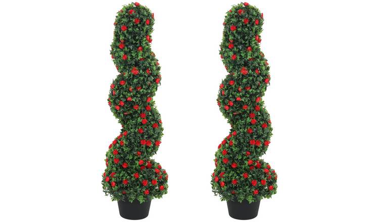 HOMCOM Set of 2 Artificial Rose Topiary Tree - Red