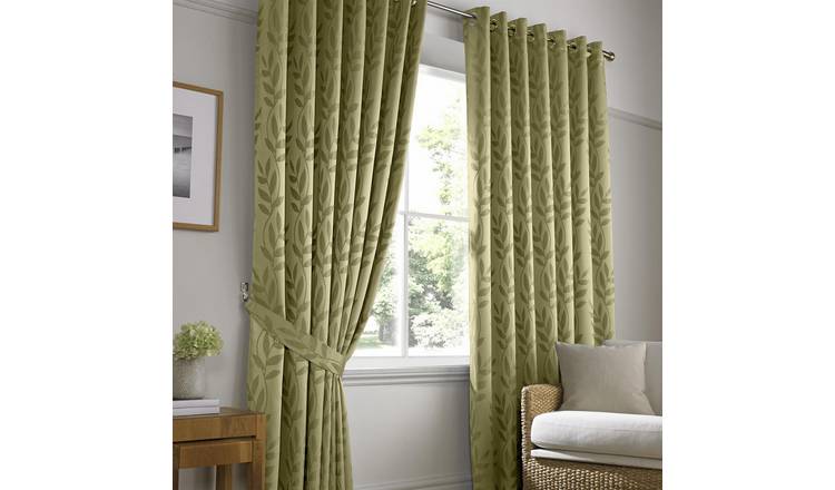 Luxury Living Jacquard Leaf Lined Eyelet Curtains 117cm x 229cm - Green