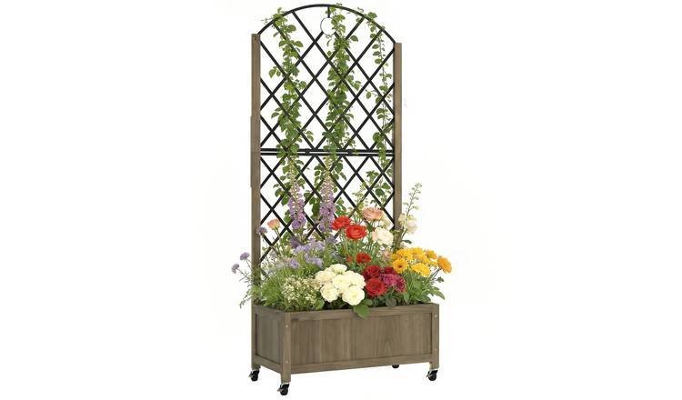 Outsunny Metal Raised Garden Bed with Metal Trellis - Carbonised