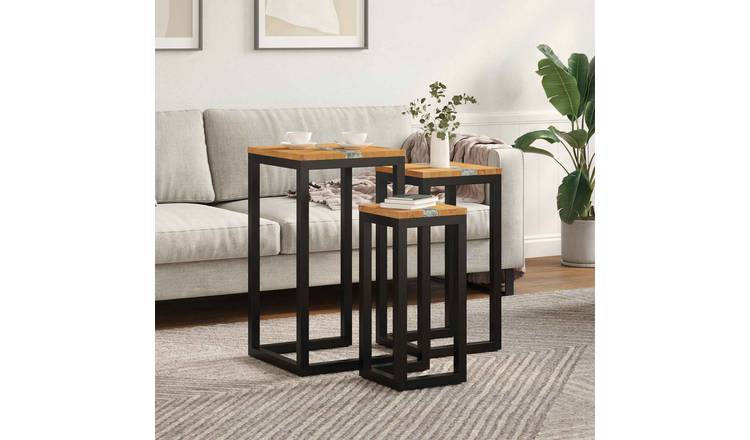 Walplus Pack of 3 Solid Teak Nest Table - Brown - 39 x 39 x 71 cm