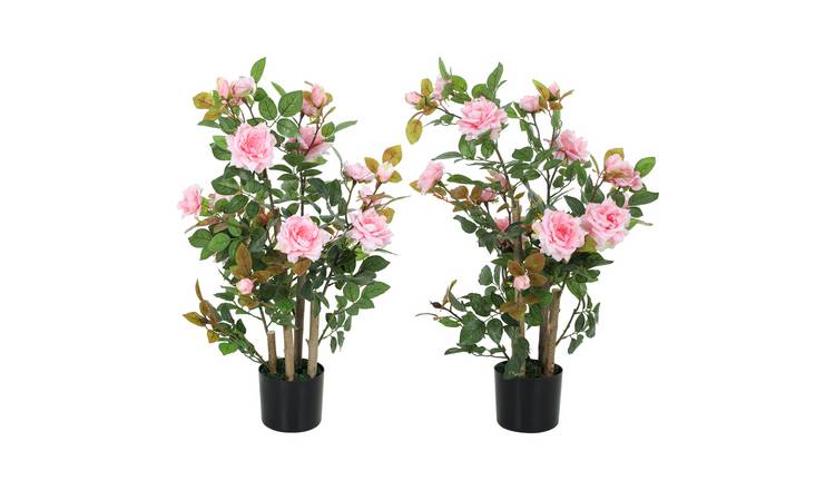 HOMCOM Set of 2 3FT Artificial Rose Tree with 344 Leaves and 17 Flowers- Pink