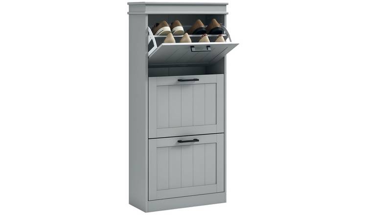 HOMCOM Fluted Shoe Cabinet with 3 Drop Down Drawers - Grey