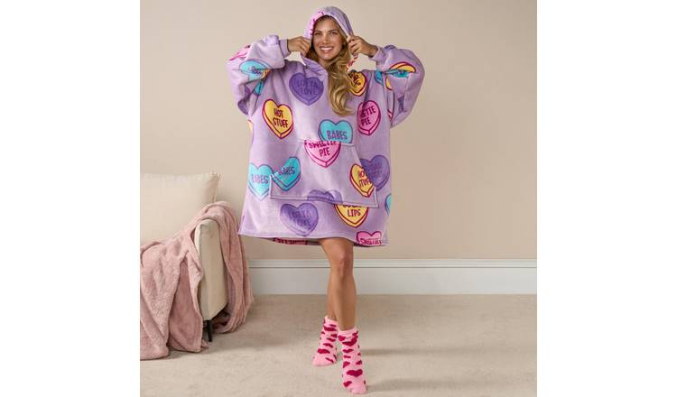 OHS Slogan Candy Hearts Hoodie Blanket - One Size - Lilac