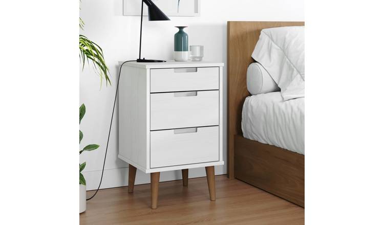 Walplus MOLDE 3 Drawer Solid Pine Wood Bedside Cabinet - White - 40 x 35 x 65 cm