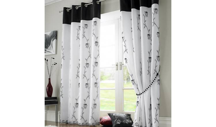 Luxury Living Embroidered Voile Lined Eyelet Curtains 142cm x 229cm - Black