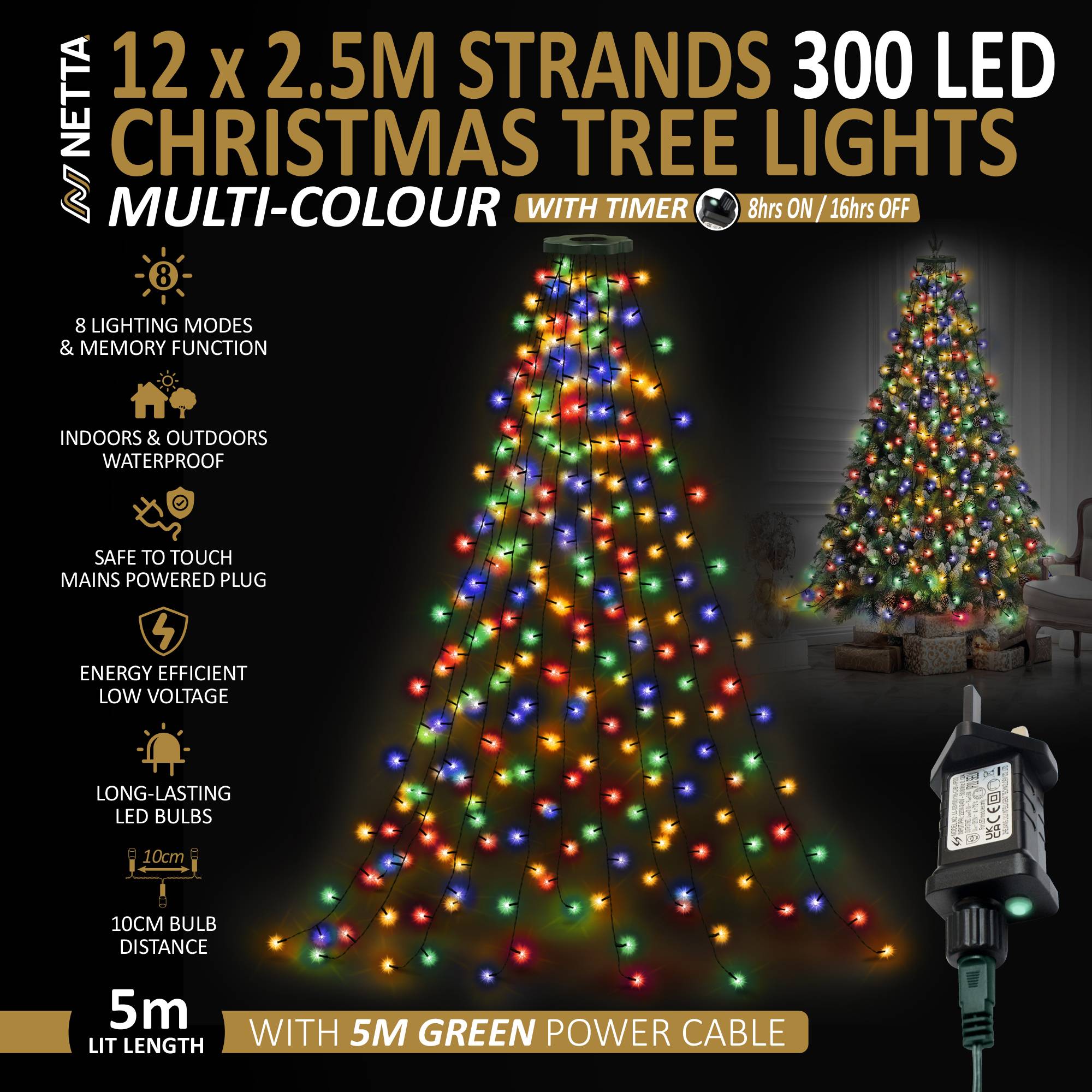 NETTA 2.5m 300 LED Christmas Tree Fairy String Lights - Multicolour - Image 1