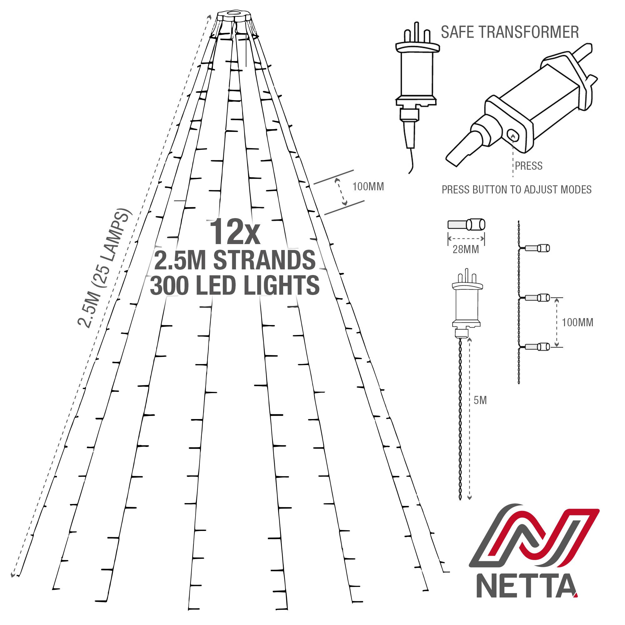 NETTA 2.5m 300 LED Christmas Tree Fairy String Lights - Multicolour - Image 6