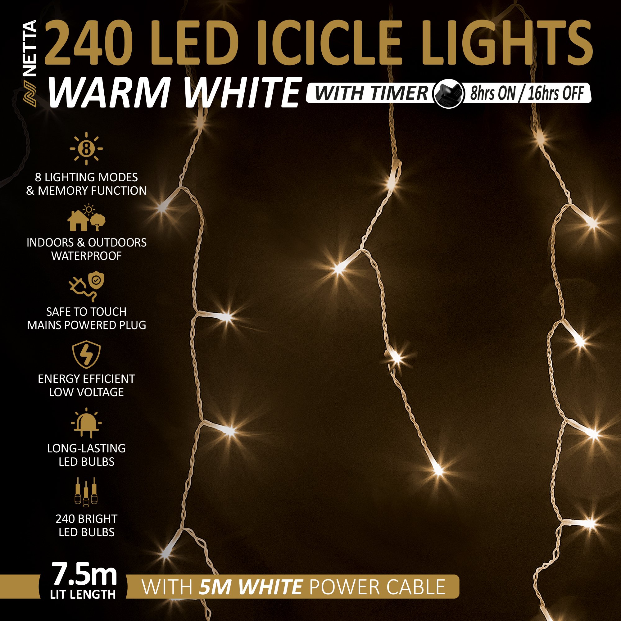 NETTA 7.5m 240 LED Outdoor Icicle Christmas Lights with Timer - Warm White - Image 2