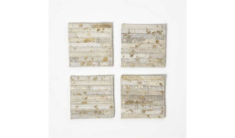 Homescapes Pack of 4 Round Leather Coasters - Gold