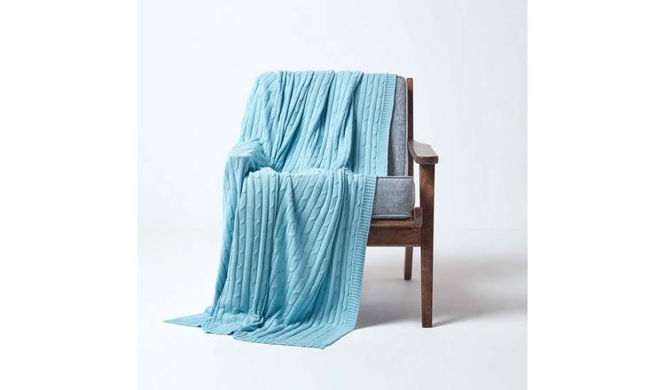Homescapes Cotton Cable Knit Throw - 130 x 170 cm - Pastel Blue