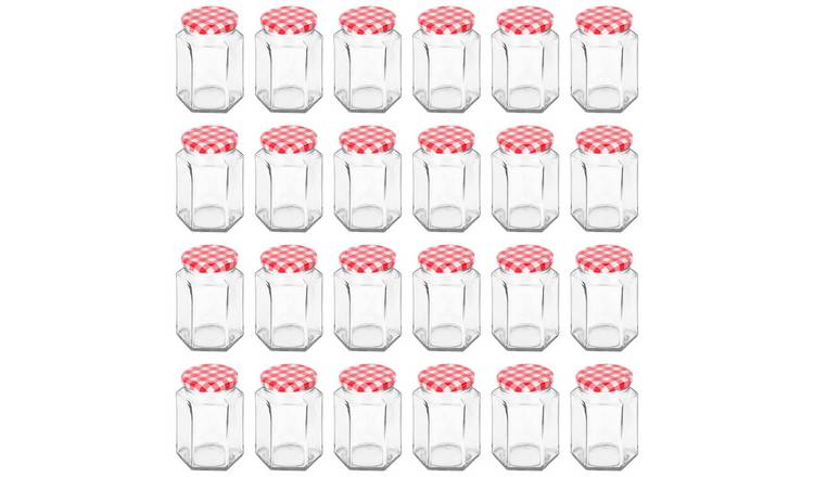 Argon Tableware Hexagonal Glass Jam Jars with Red Gingham Lids- Set of 24