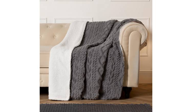 OHS Cable Knit Sherpa Blanket Throw 130 x 160cm - Grey