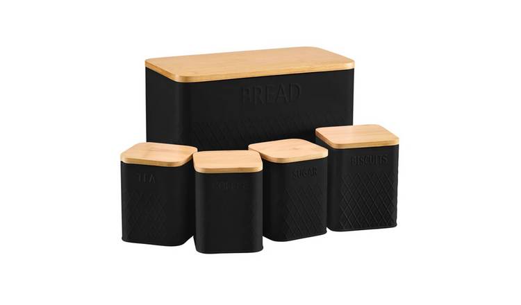 Cooks Professional 5 Piece Square Kitchen Storage Set with Bamboo Lids - Black