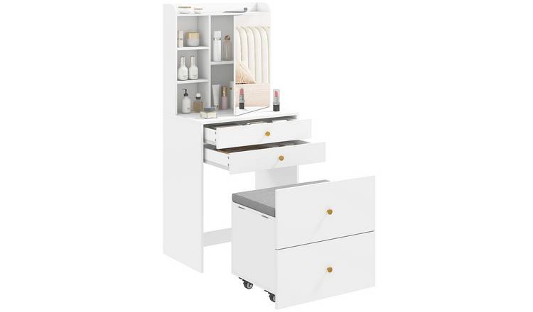 HOMCOM Dressing Table with Mirror and Mobile Storage Stool - White