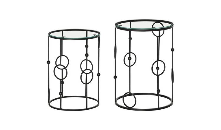HOMCOM Set of 2 Round Steel Coffee Table  with Tempered Glass Top - Black