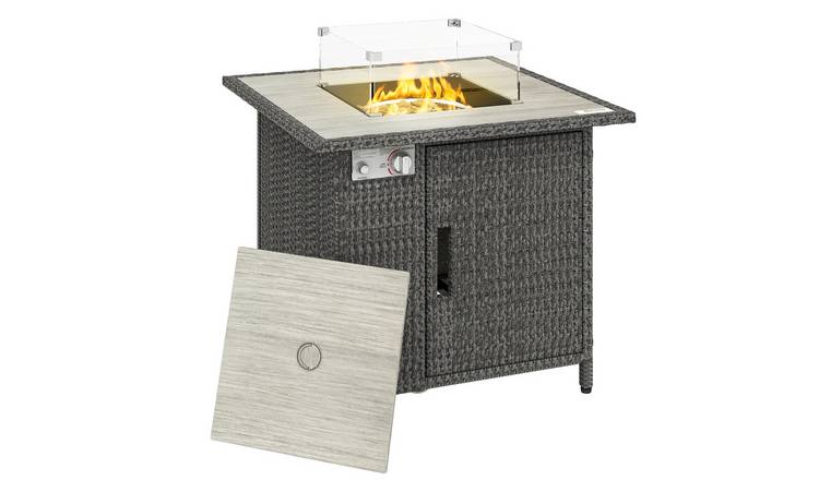 Outsunny Rattan Gas Fire Pit Table with Rain Cover - Dark Grey