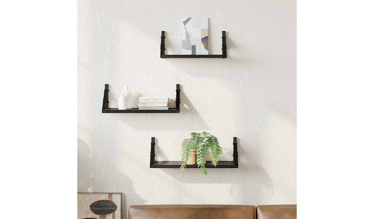 Walplus Pack of 3 Wall Shelf - Dark Oak - 37 x 12 x 13 cm (Black oak)