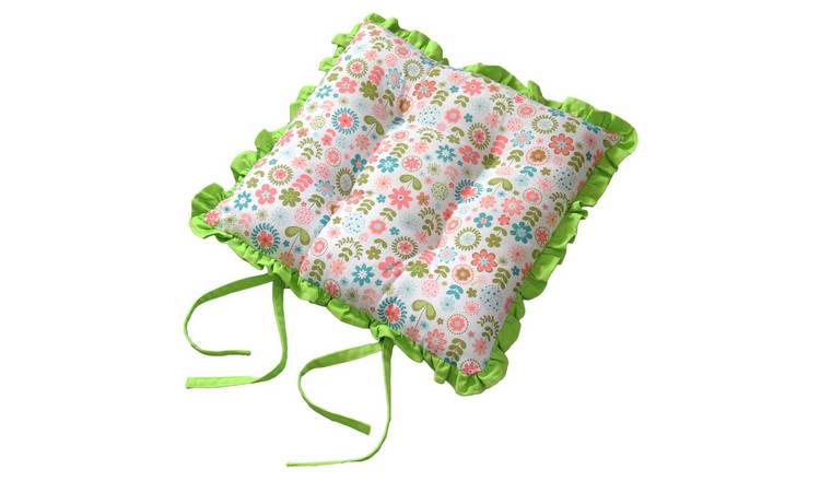 Homescapes Reversible Green Frilled Cushion Seat Pad with Ties Retro Flower