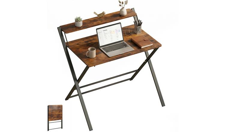 HOMCOM Folding Computer Desk with Storage Shelf - Rustic Brown