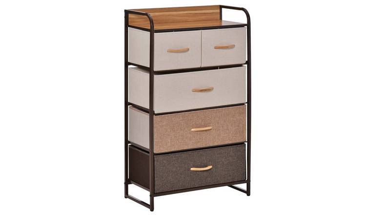 HOMCOM 5 Drawer Fabric Dresser with Steel Frame and Wooden Top - Brown