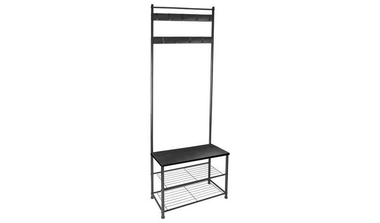 Harbour Housewares Square Steel Coat Rack with Shoe Storage Bench - Black