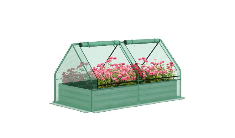 Outsunny Metal Raised Garden Bed with Mini Greenhouse - Green and Dark Grey