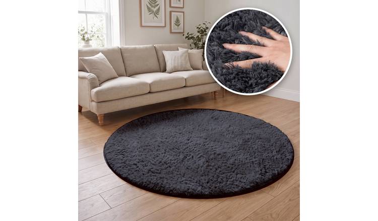 The Rugs Dark Grey Lush Plain Washable Non Slip Shaggy Round Rug - 120cm