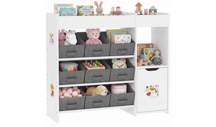 AIYAPLAY 9 Removable Fabric Bins MDF Toy Storage Unit with Bookshelf