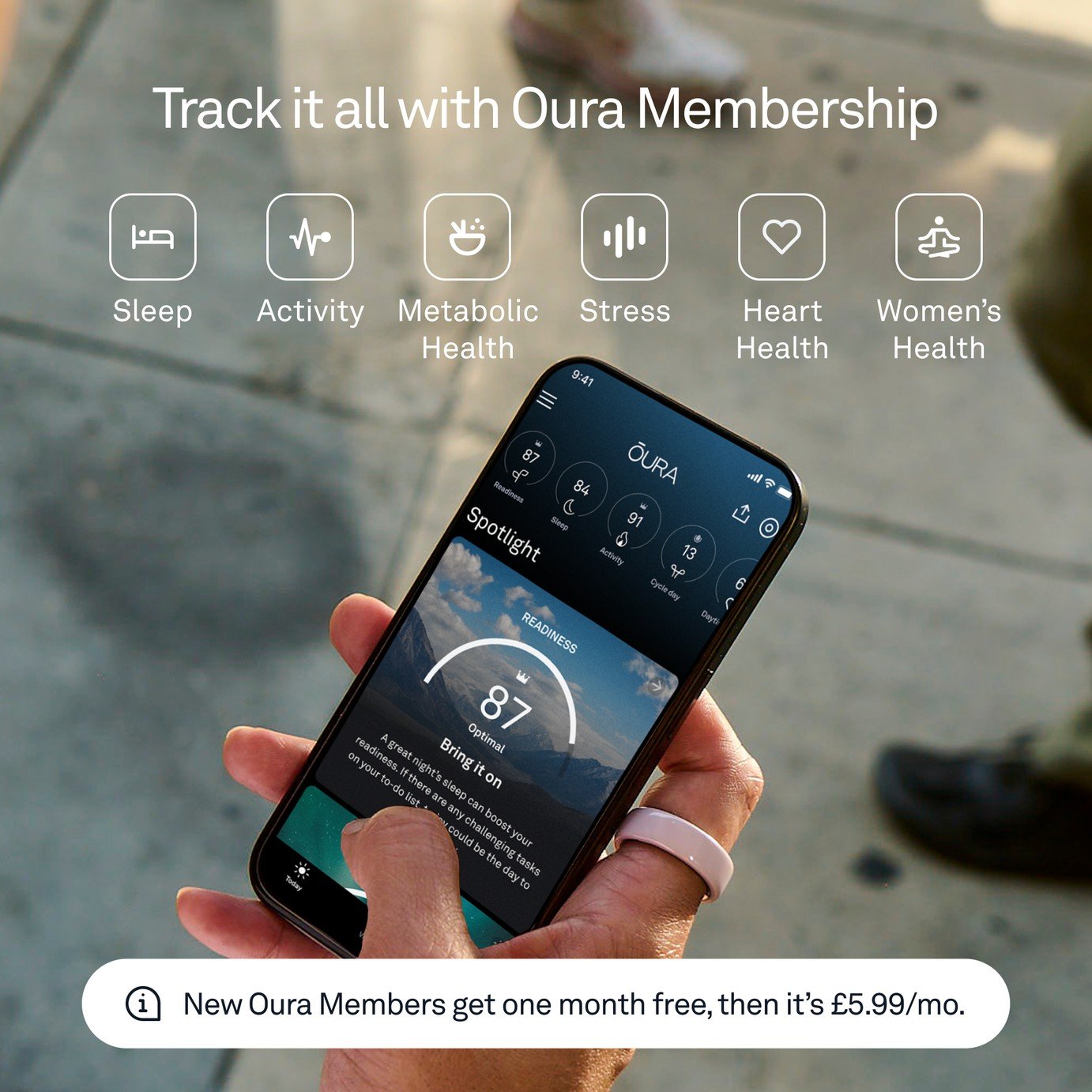 Lifestyle image of a person wearing an Oura Ring while scrolling the Oura app on their phone. Benefits of the app are imposed at the top of the image.