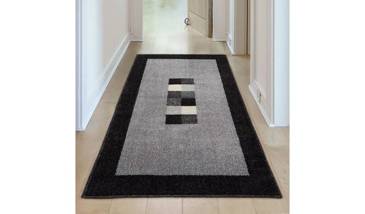 The Rugs Grey and Black Efes Bordered Runner Rug Stain Resistant - 60 x 110cm