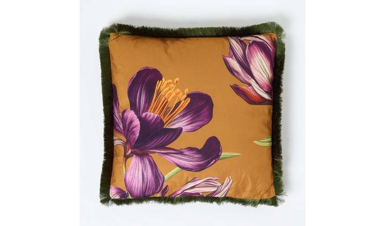 Homescapes Cotton Floral Fringe Cushion – 45 × 45 cm – Orange