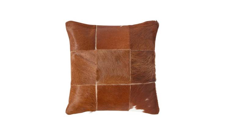 Homescapes Beige Leather & Goat Hair Checked Filled Cushion