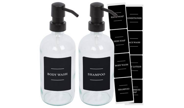 Harbour Housewares Soap Dispensers with Labels  - Clear/Black - Set of 2