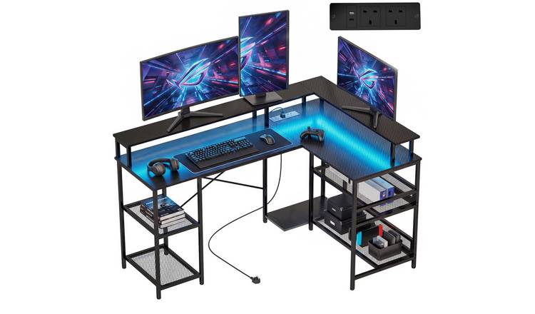 HOMCOM 150cm L Shaped Gaming Desk with LED Lights and Power Outlets - Black