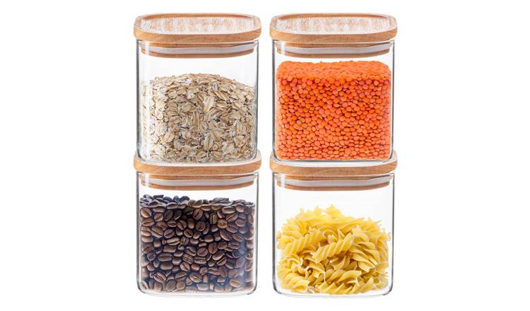 Argon Tableware Square Glass Storage Jars with Wooden Lids - Pack of 4 - 680ml